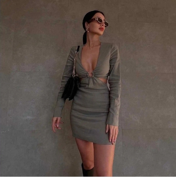 Zara Olive Green Linen Cut Out Mini Dress Size XS - Picture 4 of 12